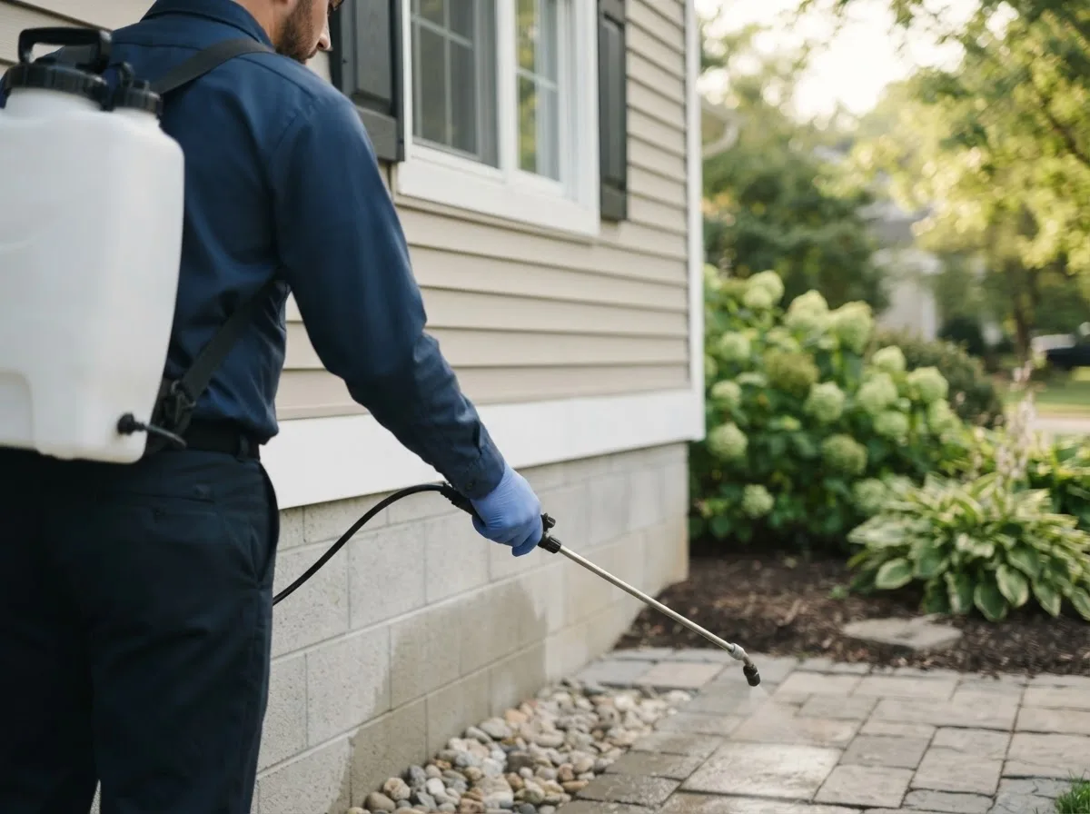 Pest control technician inspecting a home in Concord, MI